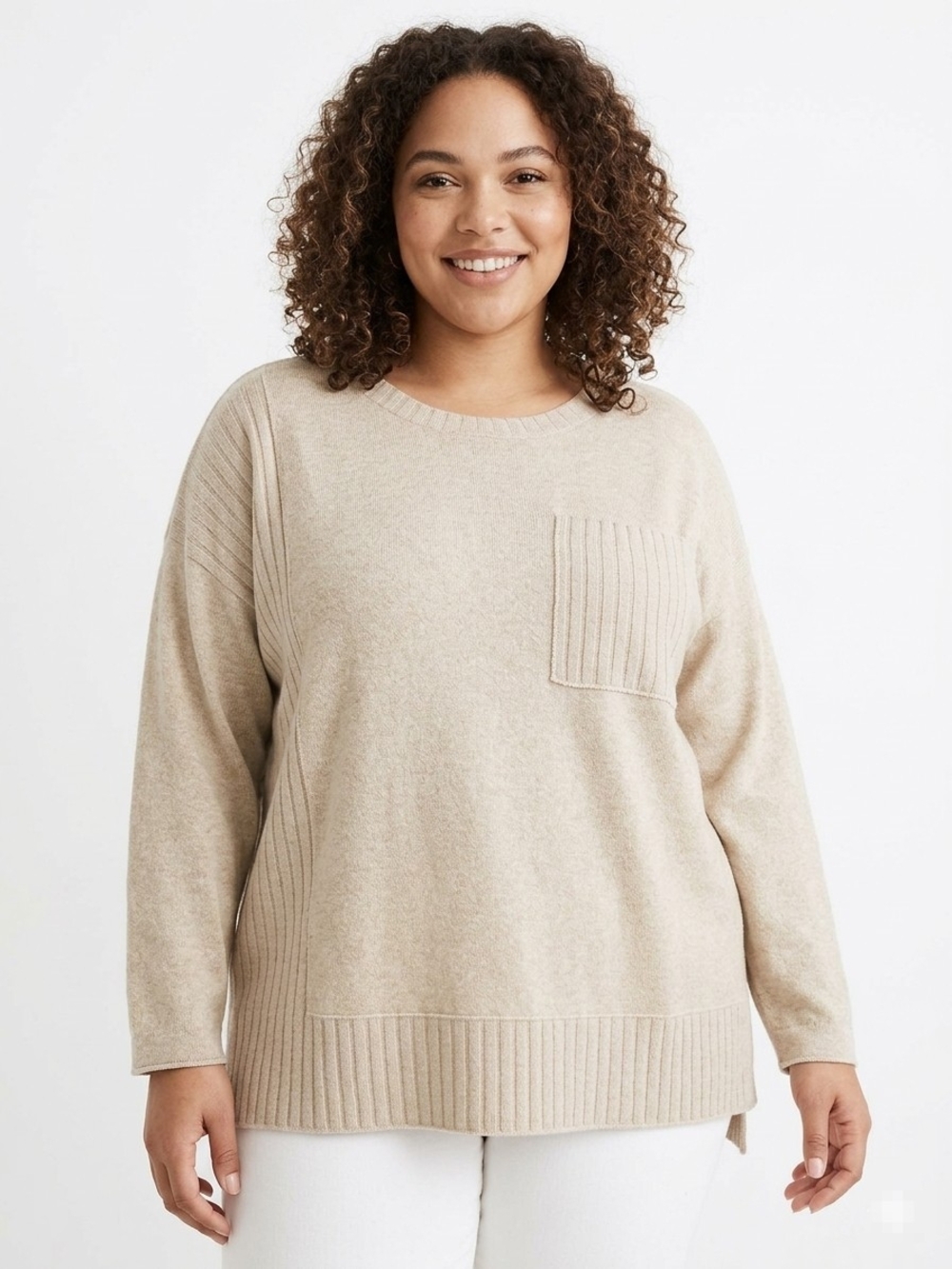 Women's Scoopneck Rib-Trim Pullover Sweater in Beige